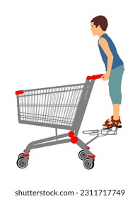 Happy child in empty shopping cart playing in supermarket vector illustration isolated. Brother, boy fun skating transportation in mall. Kid riding enjoy. Laughing kidding entertainment buying food.