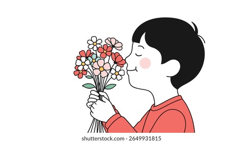 Uma criança feliz desfruta do aroma delicioso de flores recém-colhidas