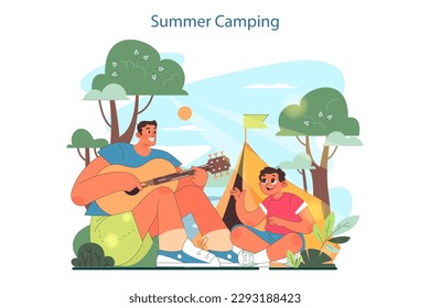 Happy child exploring nature on summer holidays. Kid camping with family. Little boy with his father singing along the guitar beside a tent. Flat vector illustration