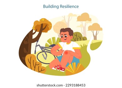 Happy child exploring nature on summer holidays. Active outside leisure building resilience and benefiting physical and mental health. Little boy riding a bycycle. Flat vector illustration