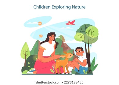 Happy child exploring nature on summer holidays. Kid with his mom in the forest or park. Little boy playing with baby deer. Flat vector illustration