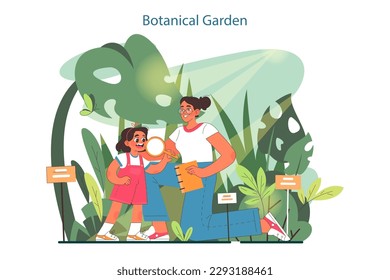 Happy child exploring nature on summer holidays. Kid with mom in botanical garden. Girl studying plants and flowers. Flat vector illustration