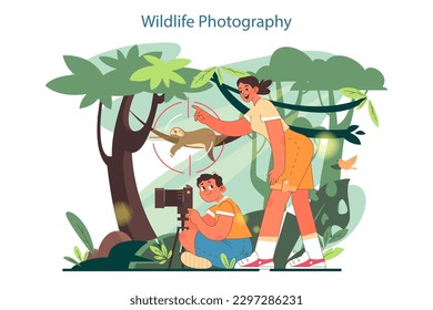 Niño feliz explorando la naturaleza en las vacaciones de verano. Niño y su madre haciendo fotografía de vida salvaje. Niño explorando junglas tomando fotos de animales. Ilustración vectorial plana