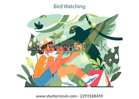 Happy child exploring nature on summer holidays. Kid bird watching, holding a spy glasses observing. Girl studying wild birds. Flat vector illustration