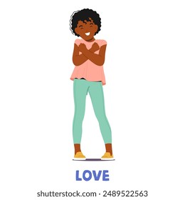 Happy Child Expressing The Sign For Love In Sign Language. Cartoon Vector Black Child Girl Character Is Smiling And Has Their Arms Crossed Over Their Chest, Conveying A Warm And Affectionate Message