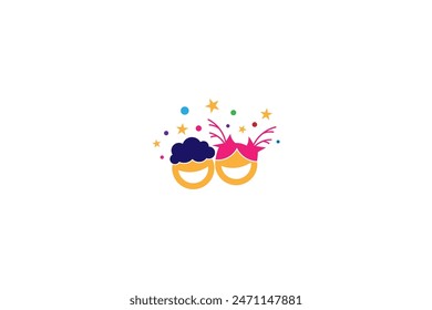 happy child face logo with decorated stars and colorful bubbles in flat vector design style