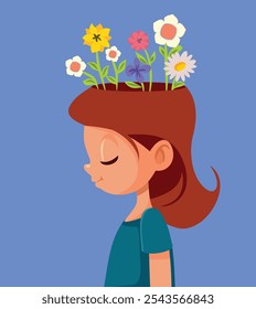 
Happy Child with Flourishing Positive Mind Vector Illustration. Mindful little girl feeling positive and optimistic
