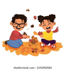 happy child, friends laughing and playing in autumn in nature walk outdoors.
