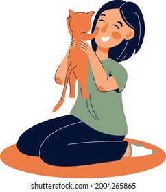 Happy child with funny cat. Cute girl with pet, vector illustration