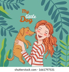 Happy child with funny dog. Cute girl with pet in the garden. Nature landscape background. Summer holidays illustration. Vacation time
