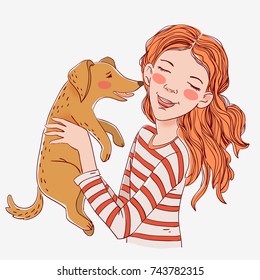 Happy child with funny dog. Cute girl with pet