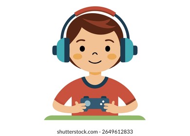 Happy Child Gamer Playing Video Games with Headphones, Flat Design Illustration