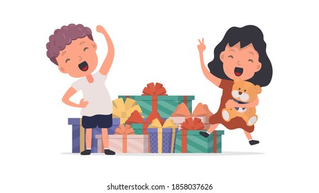 Happy child with gifts. Good for design on the theme of holidays, new year or birthdays. Isolated. Vector.