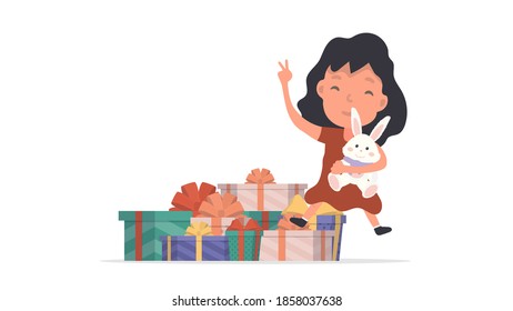 Happy child with gifts. Good for design on the theme of holidays, new year or birthdays. Isolated. Vector.