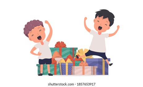 A happy child and a lot of gifts. Happy little boy and a bunch of gift boxes. Isolated. Vector.