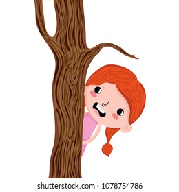 happy child girl back trunk tree