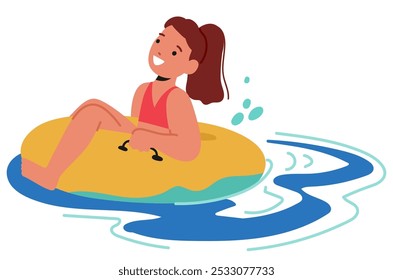 Happy Child Girl Enjoying A Water Park Ride With A Bright Smile And Splashing Water Fun And Thrill On A Yellow Inflatable Ring Illustrating Relaxing Summer Vacation Vibes In A Vibrant Environment