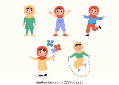 Happy child girl in hijab, Muslims in flat style