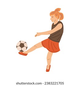 Happy child girl playing soccer flat style, vector illustration isolated on white background. Decorative design element. Sport and hobby, children's leisure