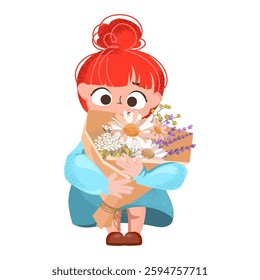 Happy child girl presenting a bouquet of daisies and lavender wrapped in craft paper.Perfect for Mother's Day,Teacher's Day,card,print,children's themes,happy birthday.Vector illustration