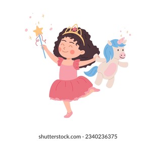 Niña feliz con disfraz de princesa sosteniendo un estilo plano de juguete unicornio, ilustración vectorial aislada en fondo blanco. Elemento de diseño decorativo, niño con juguete favorito, infancia