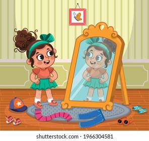 Happy child girl try on outfits looking at mirror. Vector illustration.