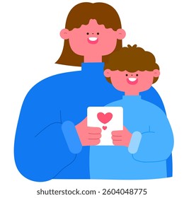 Happy Child giving a handmade card with heart shapes to mom, celebrating Mother’s Day flat vector illustration