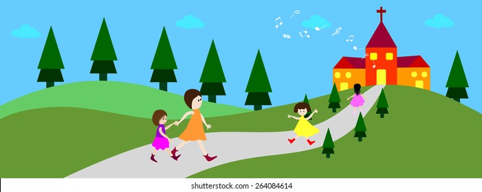 Happy child going to church - time line cover- Vector illustrations