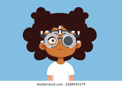 
Happy Child Having an Eye Check Consultation Vector Illustration. Kid of African ethnicity taking care of her eyesight vision ocular health
