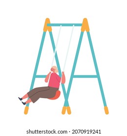 Fröhliches Kind mit Spaß auf dem Schaukel einzeln auf weißem Hintergrund. Baby Charakter auf Spielplatz, Kindergarten oder Park. Kindheit, Glück, Freizeit im Freien. Vektorgrafik von Cartoon People