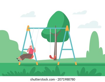 Happy Child Having Fun on Swing. Baby Character Playing on Backyard or City Park Playground, Kindergarten or Kids Zone. Childhood, Happiness, Outdoor Recreation. Cartoon People Vector Illustration