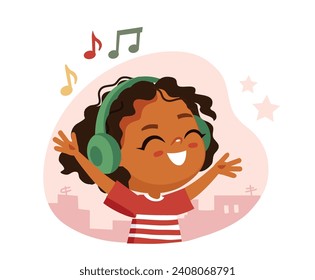 Happy child with headset. Little girl listening to music with her arms up in summer day in the city.