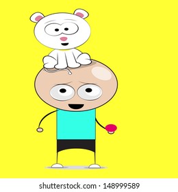 happy child with her pet dog on his head white, yellow background.
