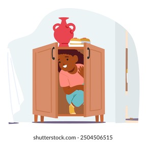 Happy Child Hiding Inside A Cabinet During An Indoor Game Of Hide And Seek. Girl Is Smiling And Enjoying Playful Moment. Indoor Playtime, Childhood Fun, And Family Activities. Cartoon Vector Concept