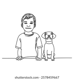 A happy child with his dog on a white background. A modern drawing symbolizing the pet friends of urban life. A work that captures the spirit of the city with continuous lines.