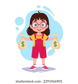 Happy child holding bags of money