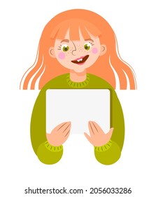Happy child holding a blank billboard. Isolated portrait.
Little girl holding blank poster campaigning and promoting