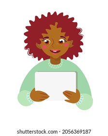 Happy child holding a blank billboard. Isolated portrait.
Little girl holding blank poster campaigning and promoting
