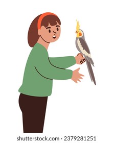 Happy child holding cockatiel. Pet owner with homme bird. Flat vector illustration of little girl with cute cockatiel.