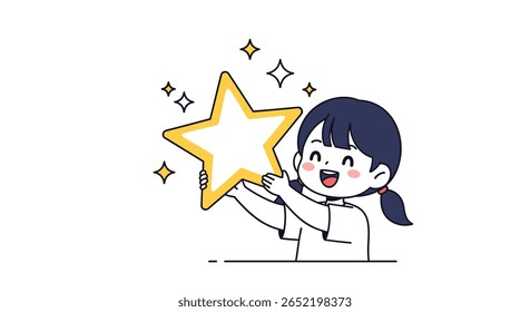 Uma criança feliz segurando uma estrela brilhante cheia de emoção e realização