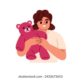 Niño feliz sosteniendo osito de peluche. Niña sonriente con juguete de peluche favorito en las manos. Emocionado alegre lindo dulce niño abrazando peluche animal. Ilustración vectorial plana aislada sobre fondo blanco