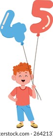 A happy child holds balloons shaped as numbers in a playful cartoon style. A young boy with curly hair smiles while holding numeral balloons. Cartoon vector illustration.