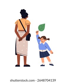 Happy child holds in hand, shows green leaf to teacher outdoors. Cute kid with nurse explores nature in park. Little girl has fun on playground. Flat isolated vector illustration on white background