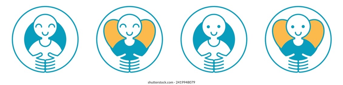 Un niño feliz es abrazado por los brazos de un adulto, un niño en un abrazo. Protección infantil, cuidado, tutela, fideicomiso en variantes. Elemento de diseño aislado para emblema, logotipo, etc. Ilustración vectorial.