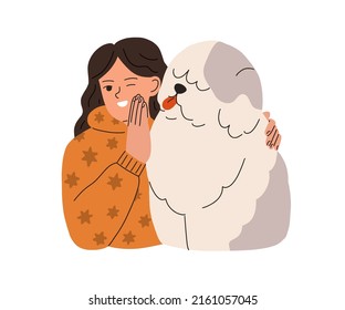 Happy child hugging big bob-tailed dog. Pet owner kid and doggy friend. Love and friendship of girl and cute shaggy fluffy canine animal . Flat vector illustration isolated on white background