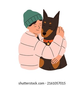 Happy child hugging dog. Doggy and boy, pet owner. Smiling kid embracing canine animal, best friend. Person and doberman puppy portrait. Flat vector illustration isolated on white background