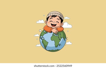 Happy child hugging Earth with clouds and stars