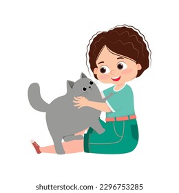 Happy child hugging and petting domestic animal. Smiling girl kid sitting and embracing happy pet cat. Good friend. Flat character vector isolated
