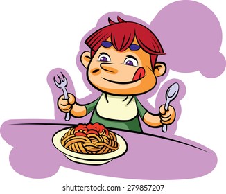 Happy child and hungry with bib, fork and spoon in front of a plate of spaghetti.Hand draw.