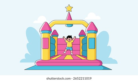 Happy child jumping high inside a vibrant colorful bouncy castle inflatable with a star on top under a bright blue sky with fluffy clouds